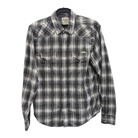 Lucky Brand Gray Plaid Rockability Western Pearl-Snap Button-Up Shirt Large GUC